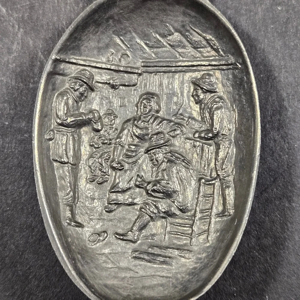 Caddy Spoon Silver Tavern Scene Stork Finial Vintage Style